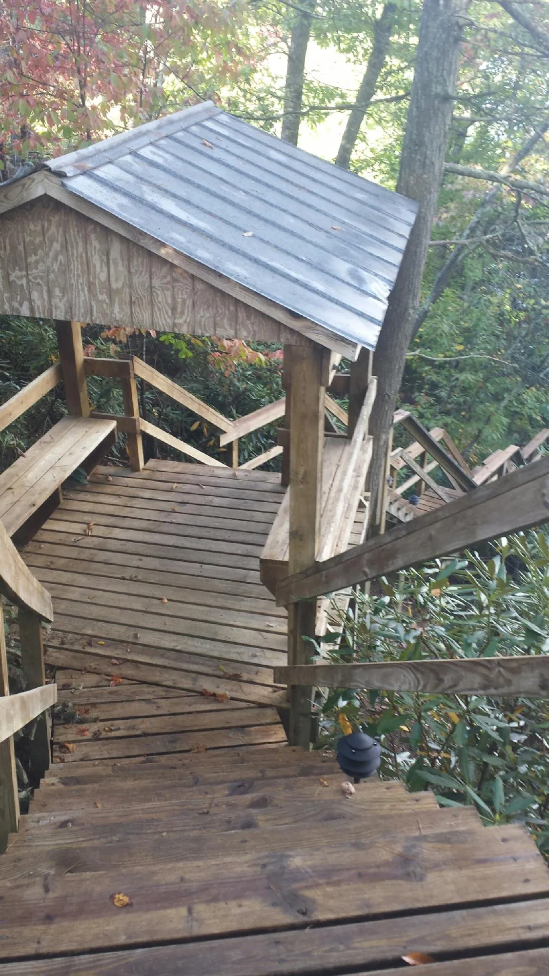 Metal roofed shelter over wooden steps on a wooded walkway — Skylight Repair & Installation work by our crew in Lewis Center